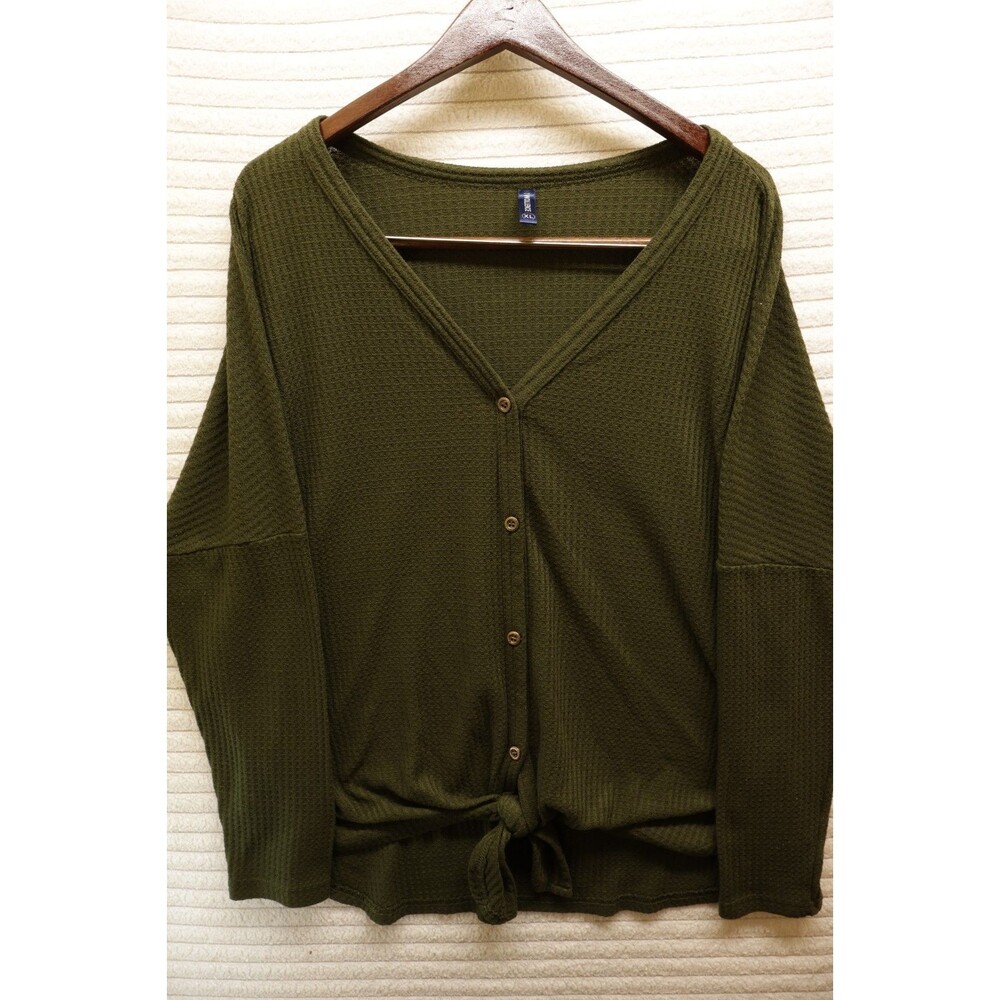IWOLLENCE Waffle Knit Blouse Womens XL Dark Green Lace Rust Top T Shirt Stretch
